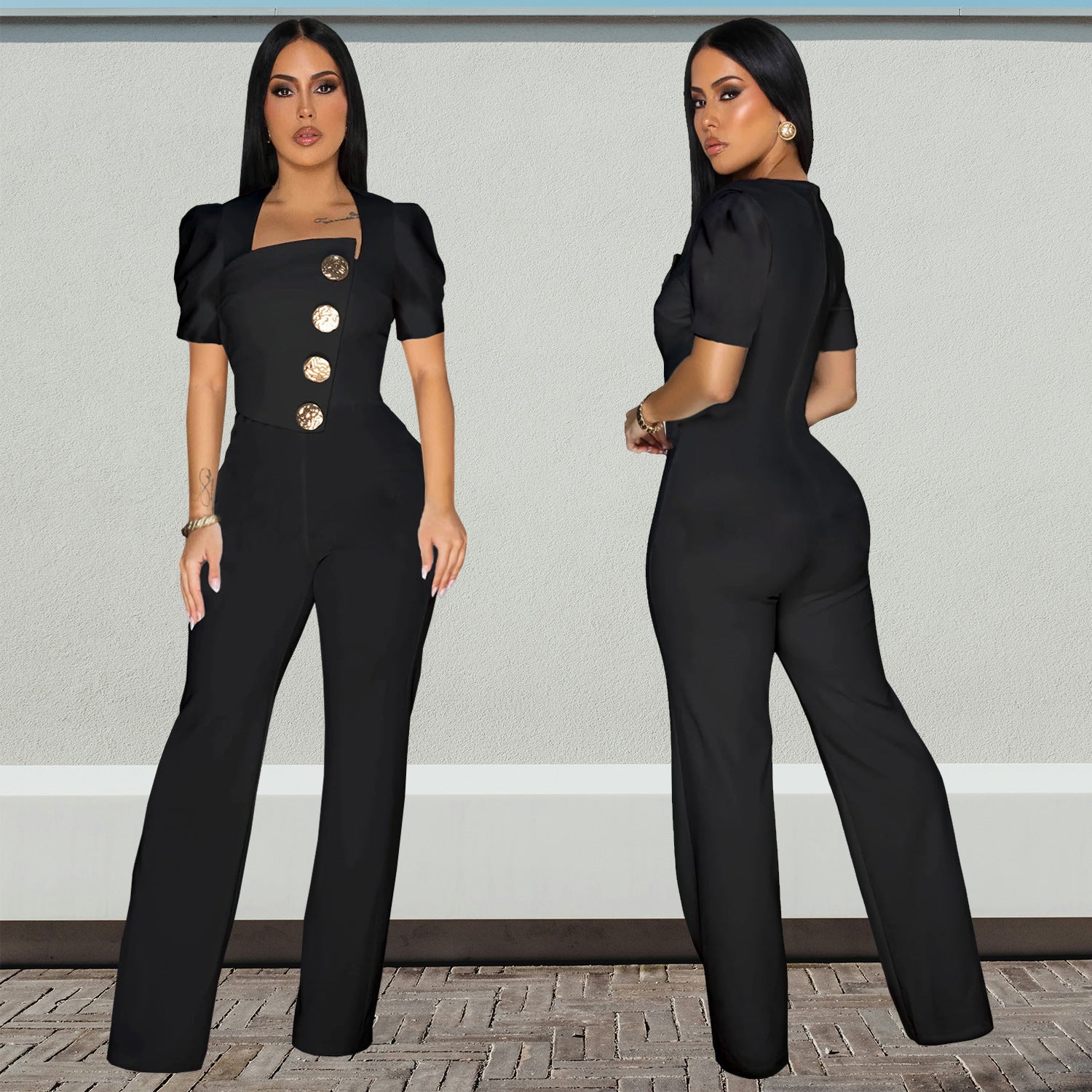 Fashion Women's Short-Sleeve Wide-Leg Button Jumpsuit 3