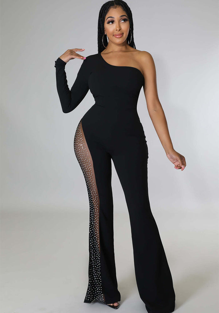 Women's Fashion One-Shoulder Long-Sleeved Mesh Patchwork One-Piece Flared Leg Jumpsuit