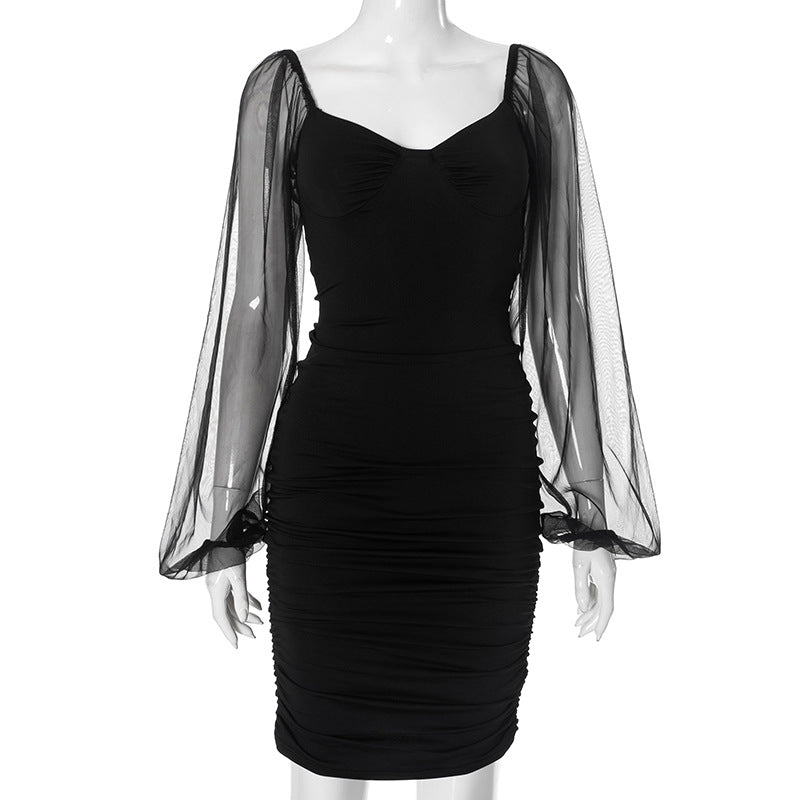 Women Fall Mesh Puff Sleeve Patchwork Sexy Gathered Bodycon Dress 6