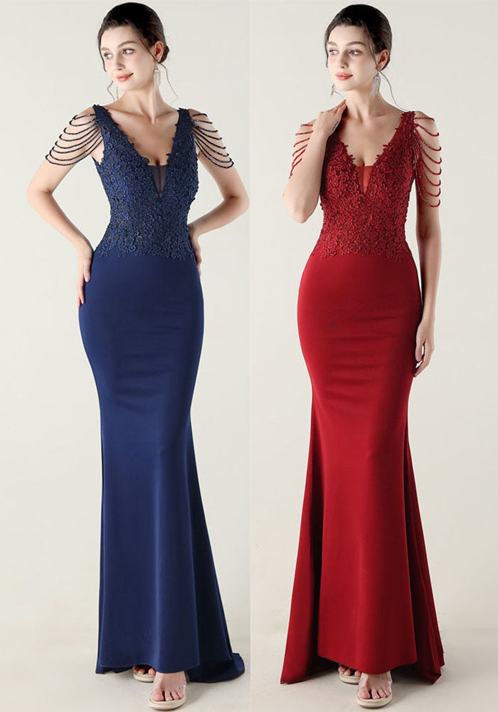 Beaded Lace Fishtail Evening Dress Wedding Formal Party Gown