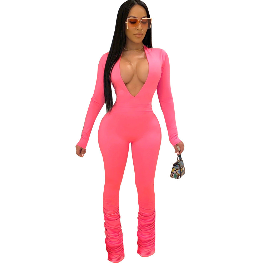 Women Solid V Neck Jumpsuit
