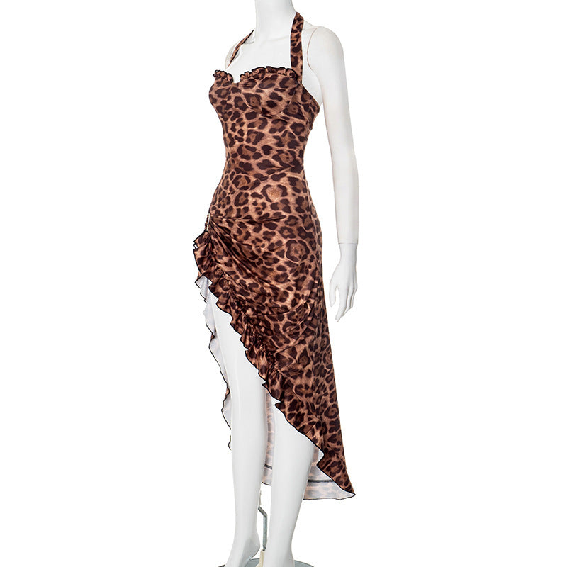 Summer Women's Sexy Low Back Halter Neck Lace-up Asymmetric Leopard Dress 7