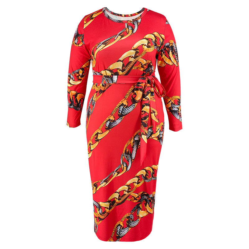 Plus Size Women's Printed Long Sleeve Round Neck Belt Dress 9