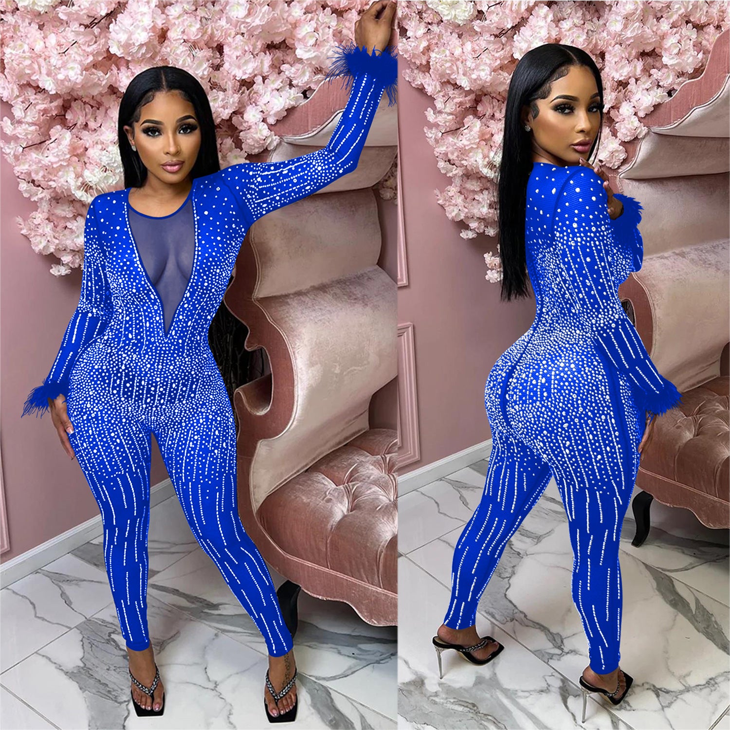 Fashion Women's Mesh Beaded V-Neck Long Sleeve Feather Long Library Jumpsuit 6