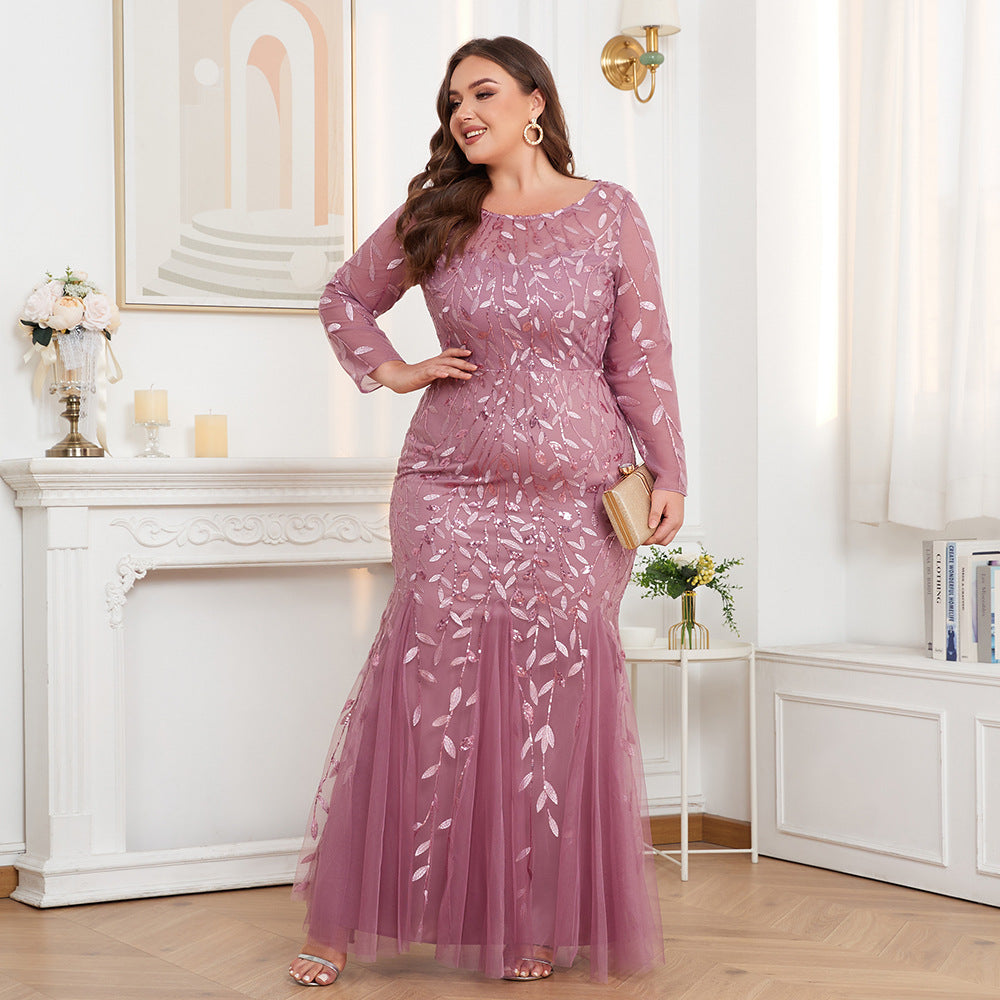 Plus Size Women Long Sleeve Round Neck Zipper Fishtail Embroidery Evening Dress 7