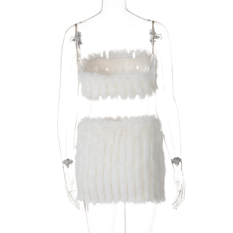 Women sexy furry chest wrap Top and Skirt two-piece set 8