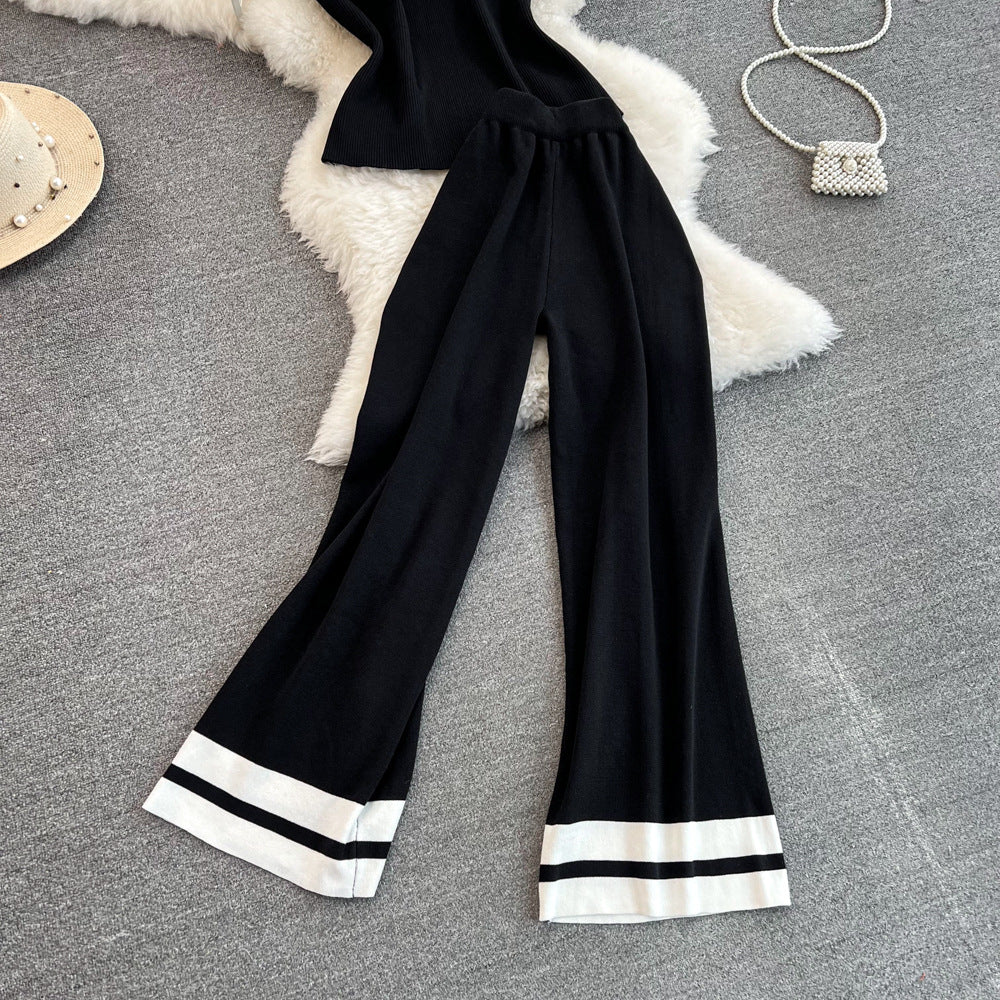 Fashion Women Sleeveless Slim Knitting Top Casual High Waist Straight Wide-Leg Pants Two-Piece Set 9