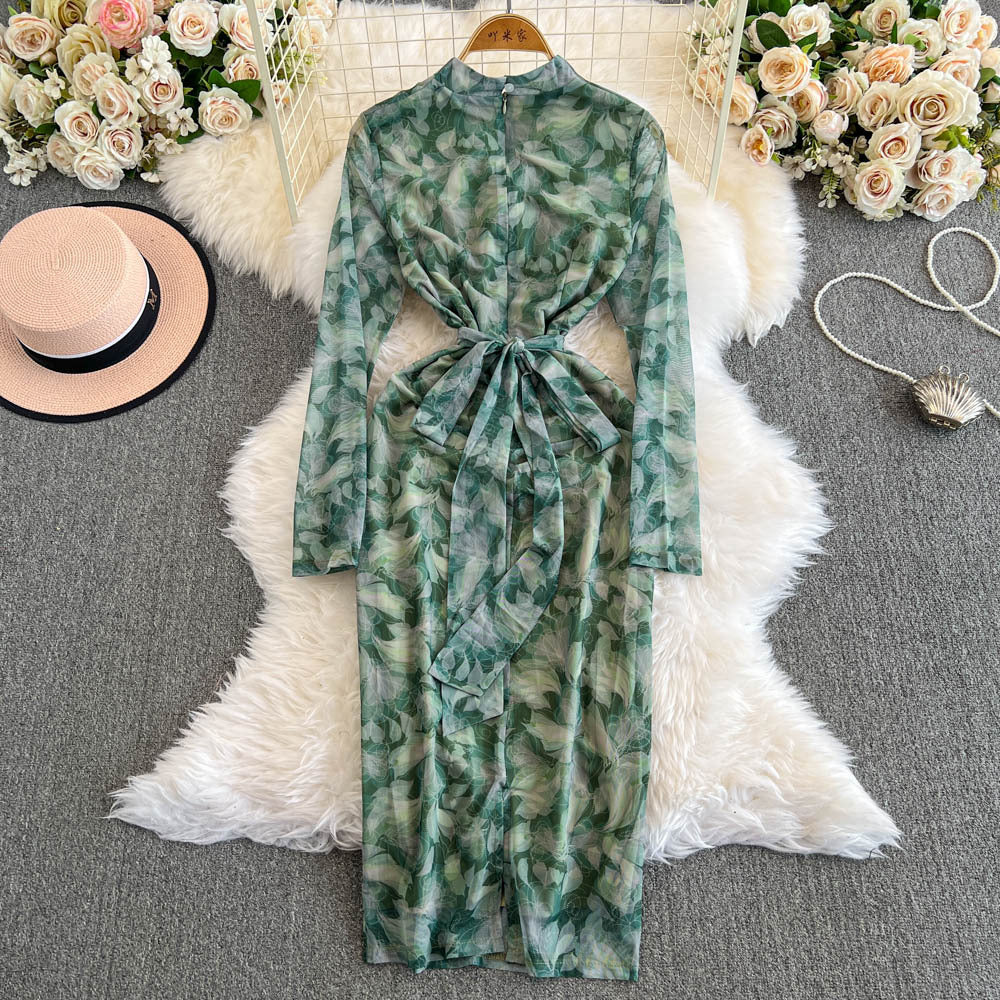 Women French Style Long-Sleeved V-Neck Lace-Up Maxi Print Bodycon Dress 19