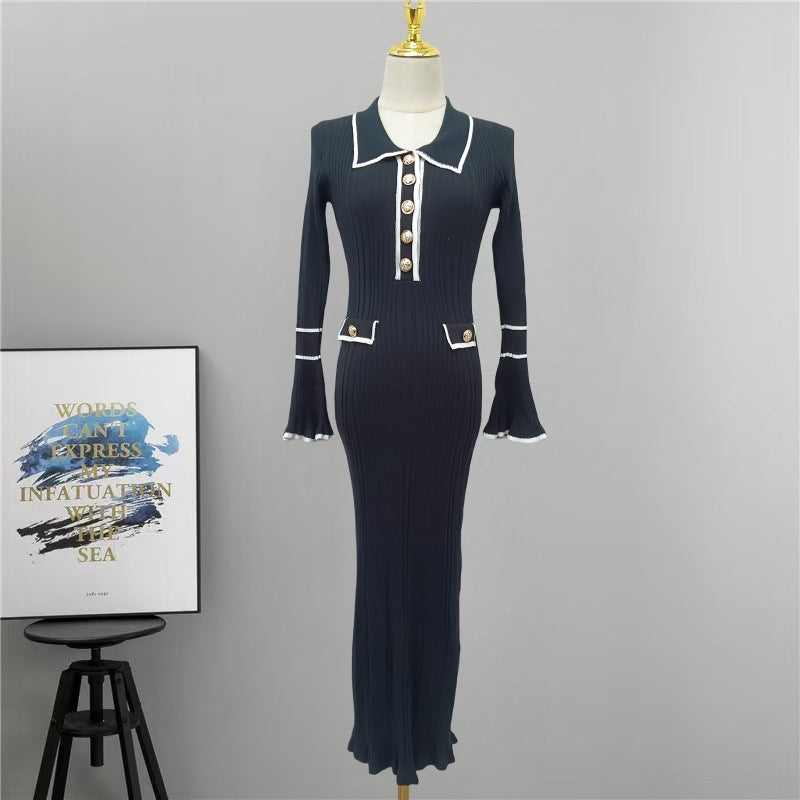 Winter Turndown Collar Knitting Dress Women Long Sleeve Fashion Chic Slim Waist Sweater Dress 25