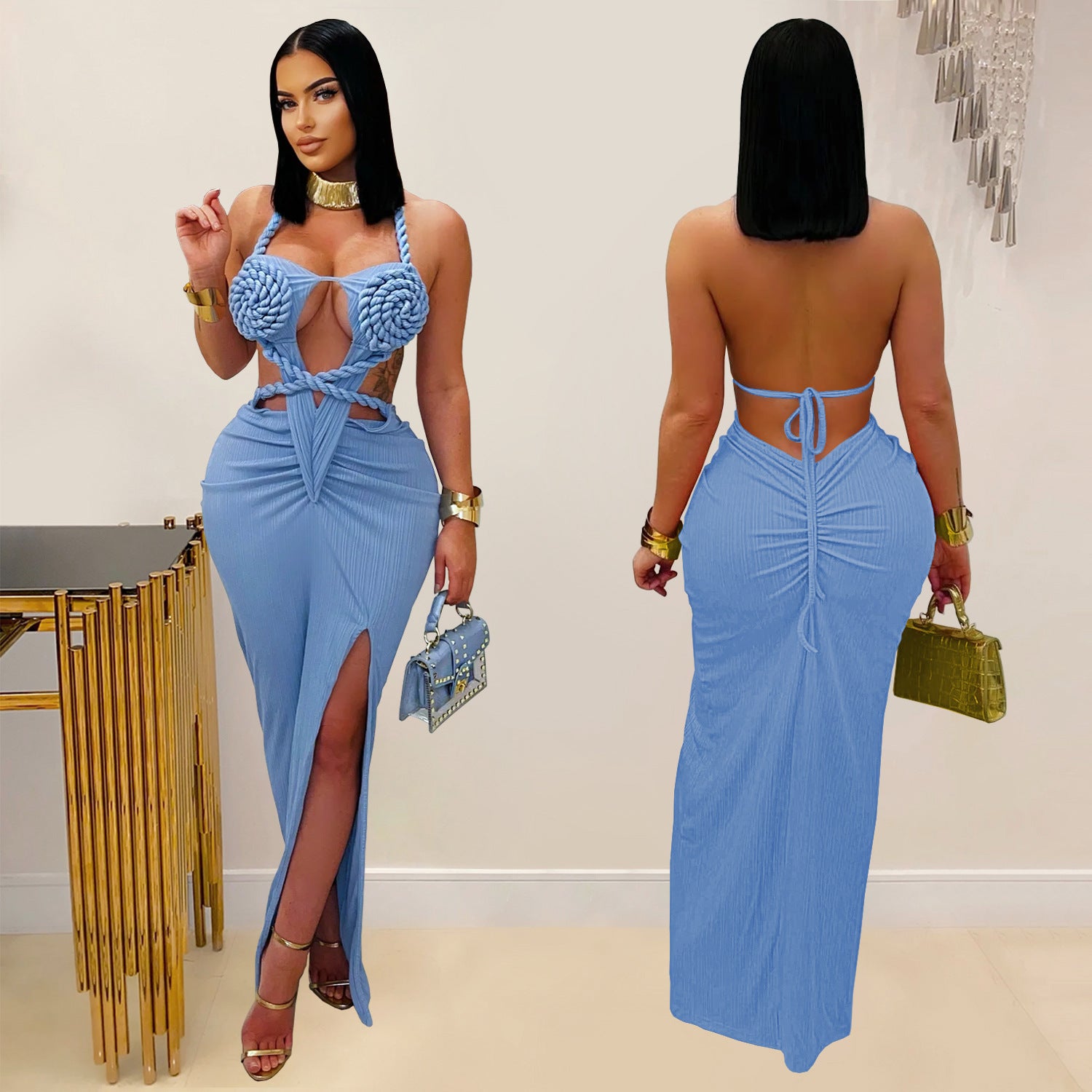 Women sexy knitting Halter Neck Backless Solid Dress 9