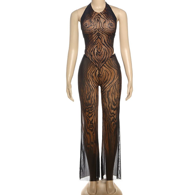 Autumn Women's Graffiti Print Sleeveless Halter Tank Top Tight Fitting Pants Set 3