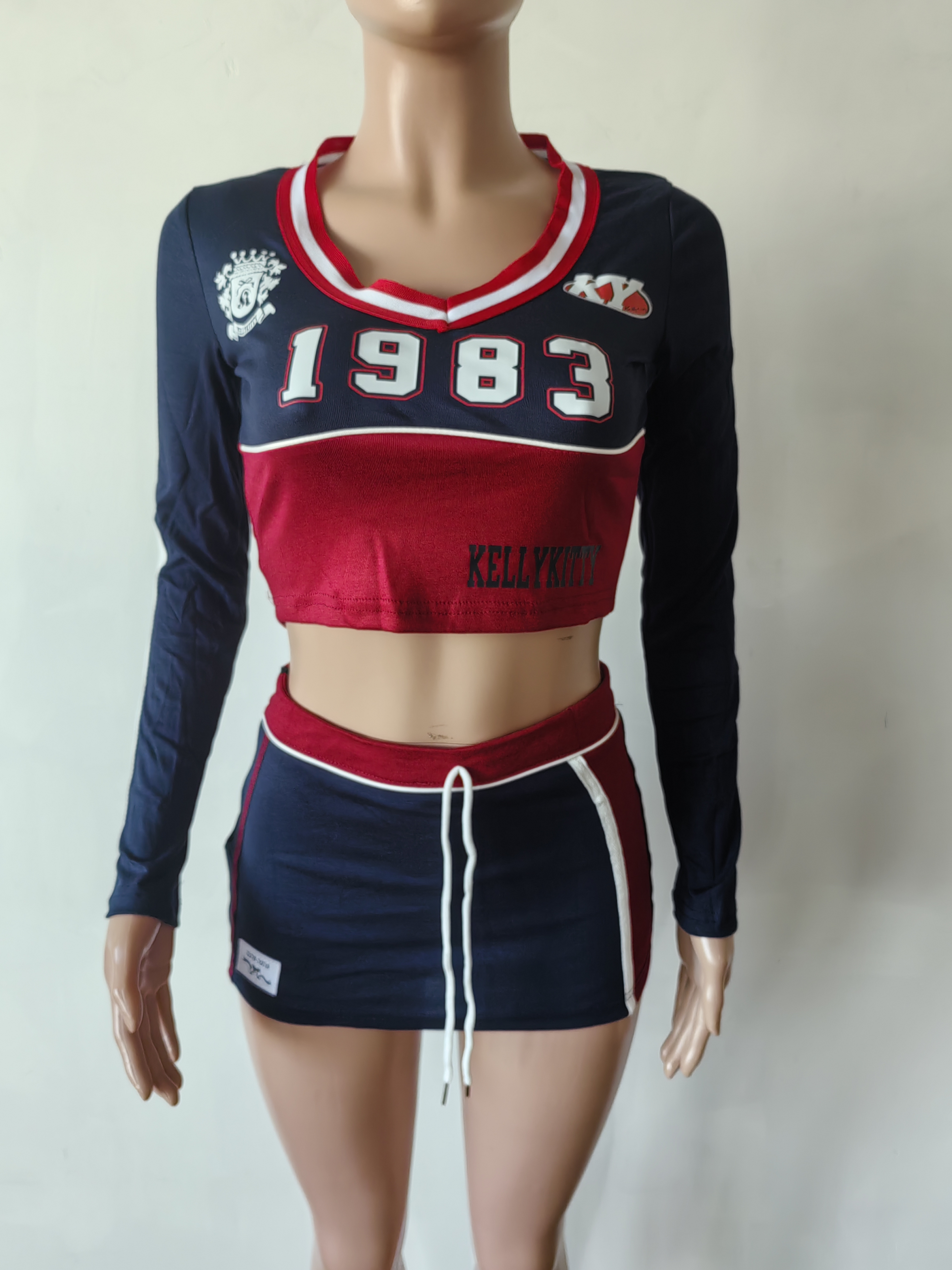 Women American Long Sleeve V-Neck Print Sports Casual Top and Skirt Two-piece Set 7