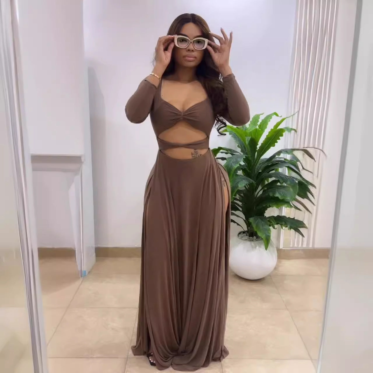 Square Neck Hollow Long Sleeve Tight Fitting Slit Dress