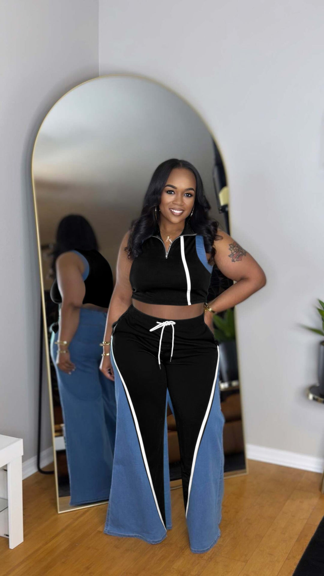 Women's denim patchwork sleeveless V-neck top wide-leg trousers two-piece set 4