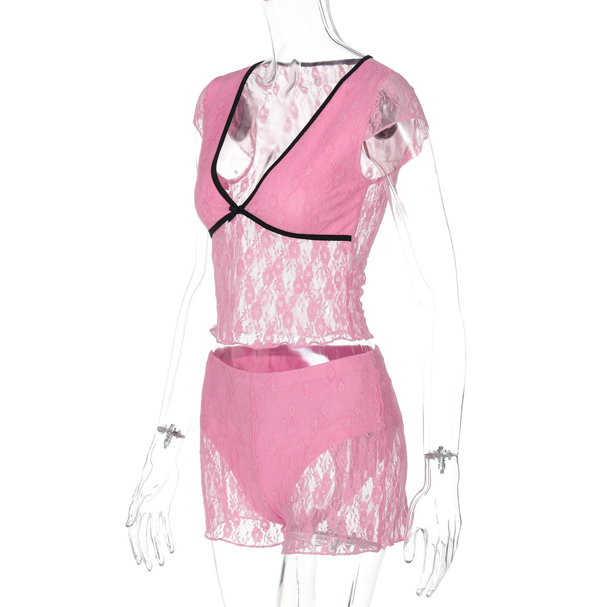 Women summer sexy See-Through Lace Patchwork V-neck Top and shorts two-piece set 8