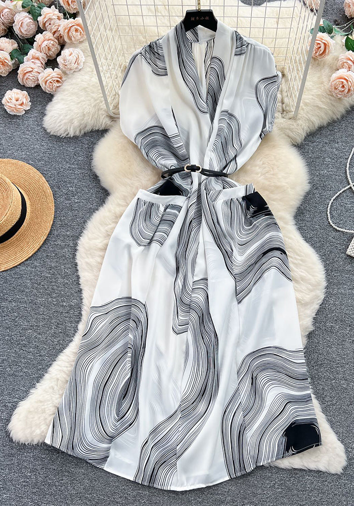 Retro V-Neck Print Dress Women's Summer Tie Slim Waist Loose Shirt Dress