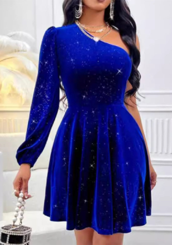 Sexy Irregular Style One Shoulder Long Sleeve Royal Blue Velvet A-Line Dress