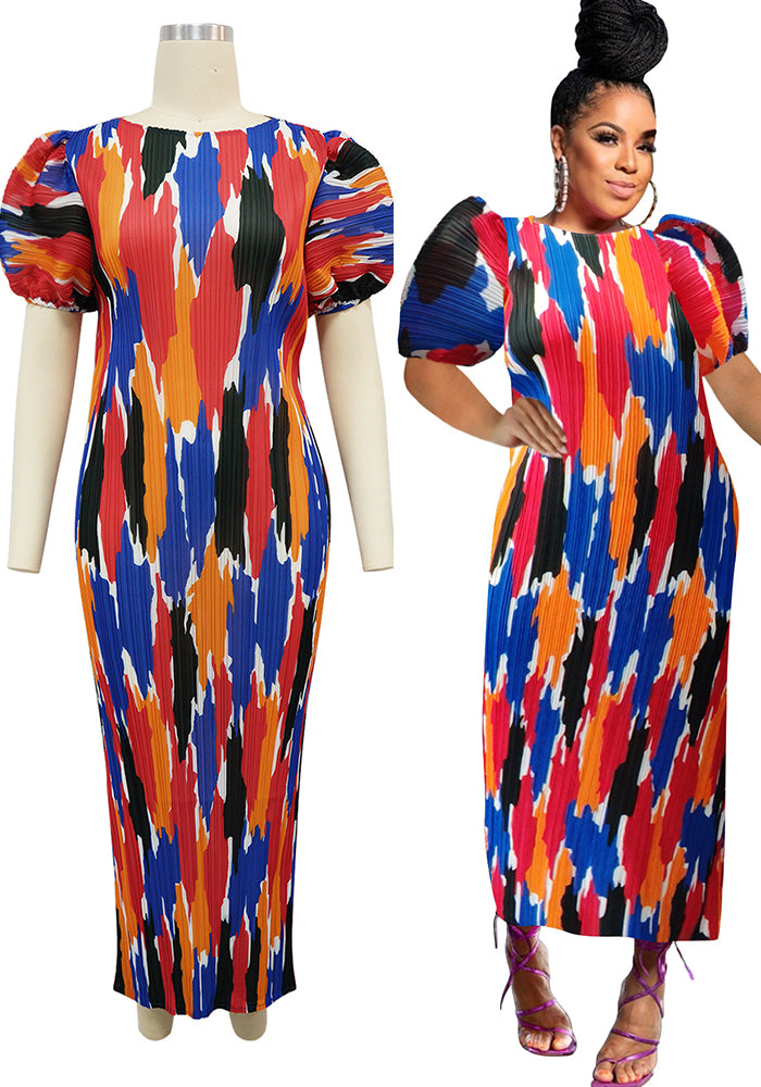 Fashionable Women's Puff Short-Sleeved Printed Dress