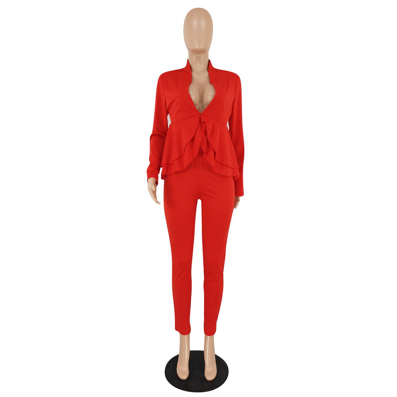 Women'S Solid Color Ruffled Deep V Top And Trousers Two-Piece Suit 7