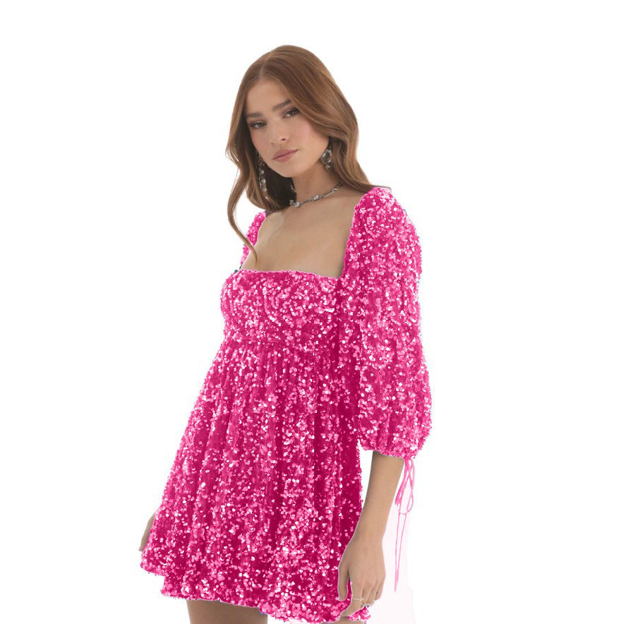 Plus Size Women Sequin Summer Casual Round Neck Short Sleeve Solid Dress 14