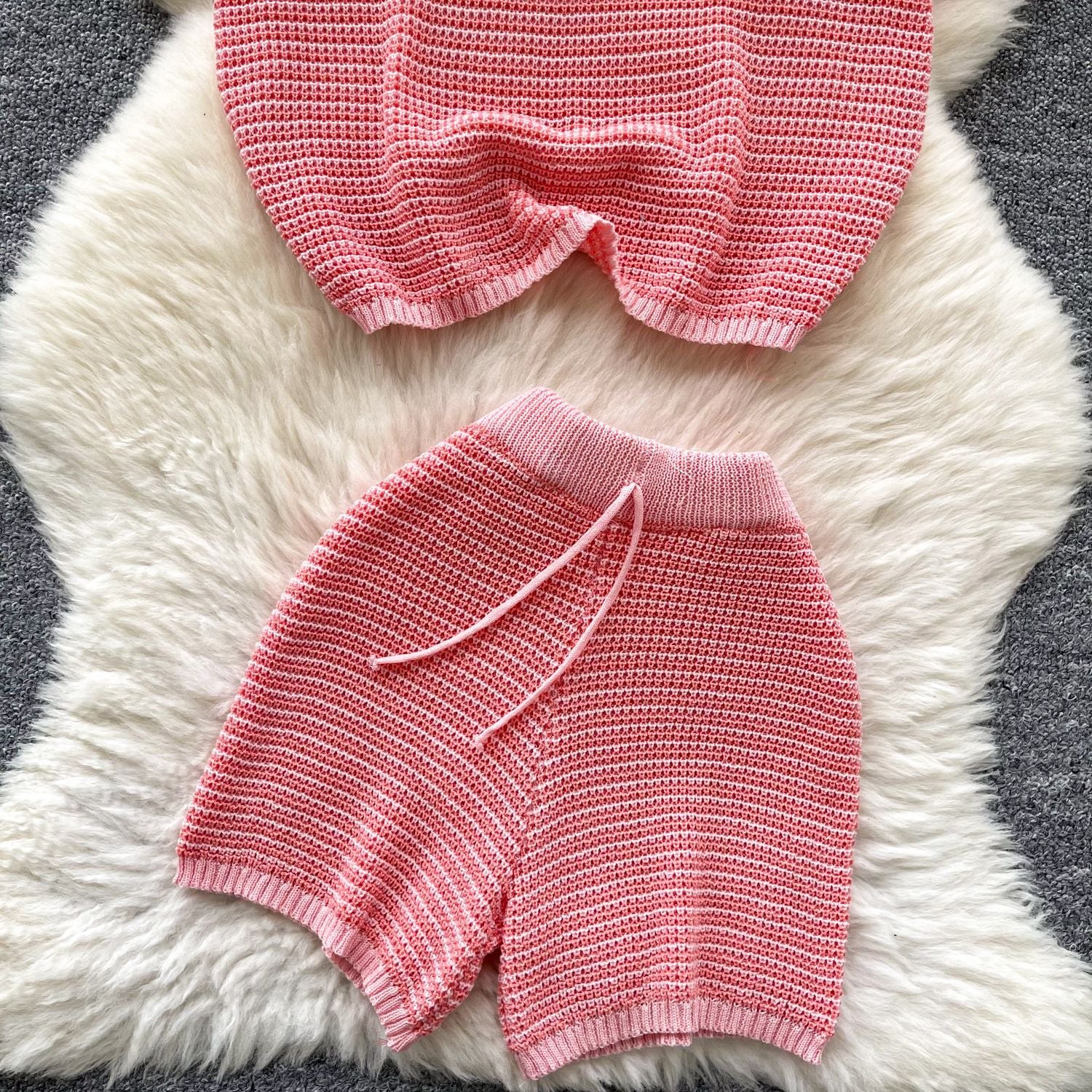 Women's Summer Turndown Collar Short Sleeve Hollow Knitting Top Tight Fitting Shorts Fashion Two Piece Set 16