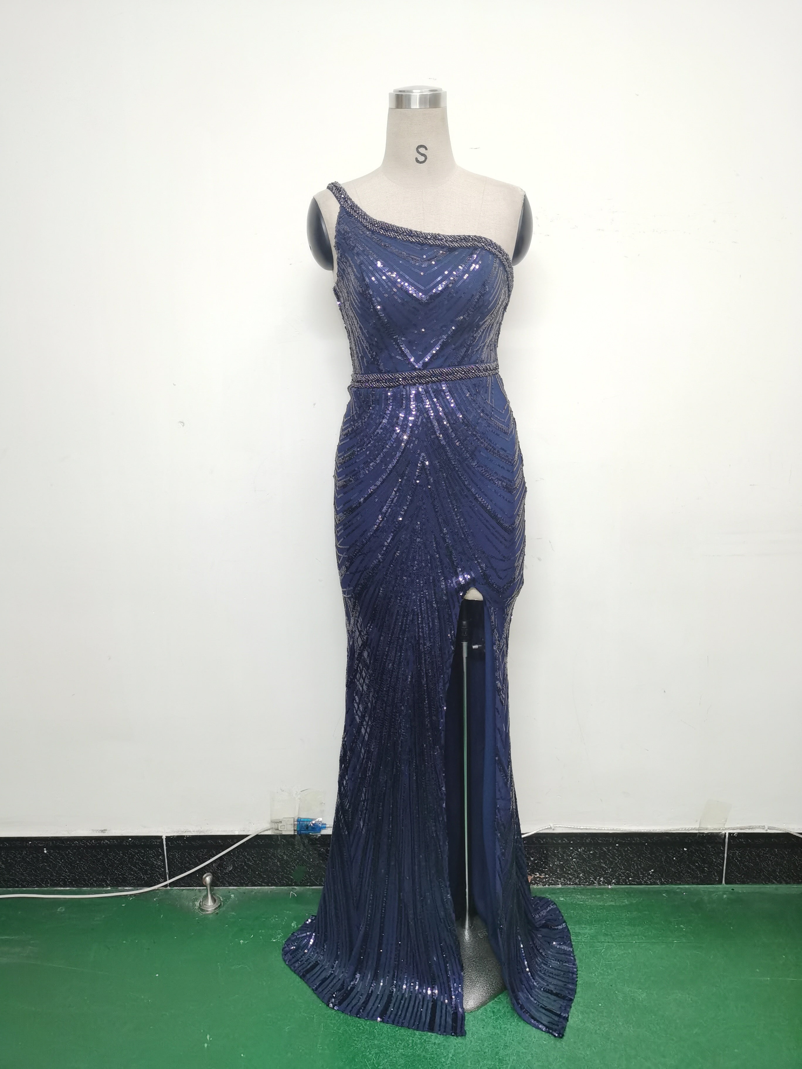 Women Flower Sequin Beaded One-shoulder Evening Dress 26