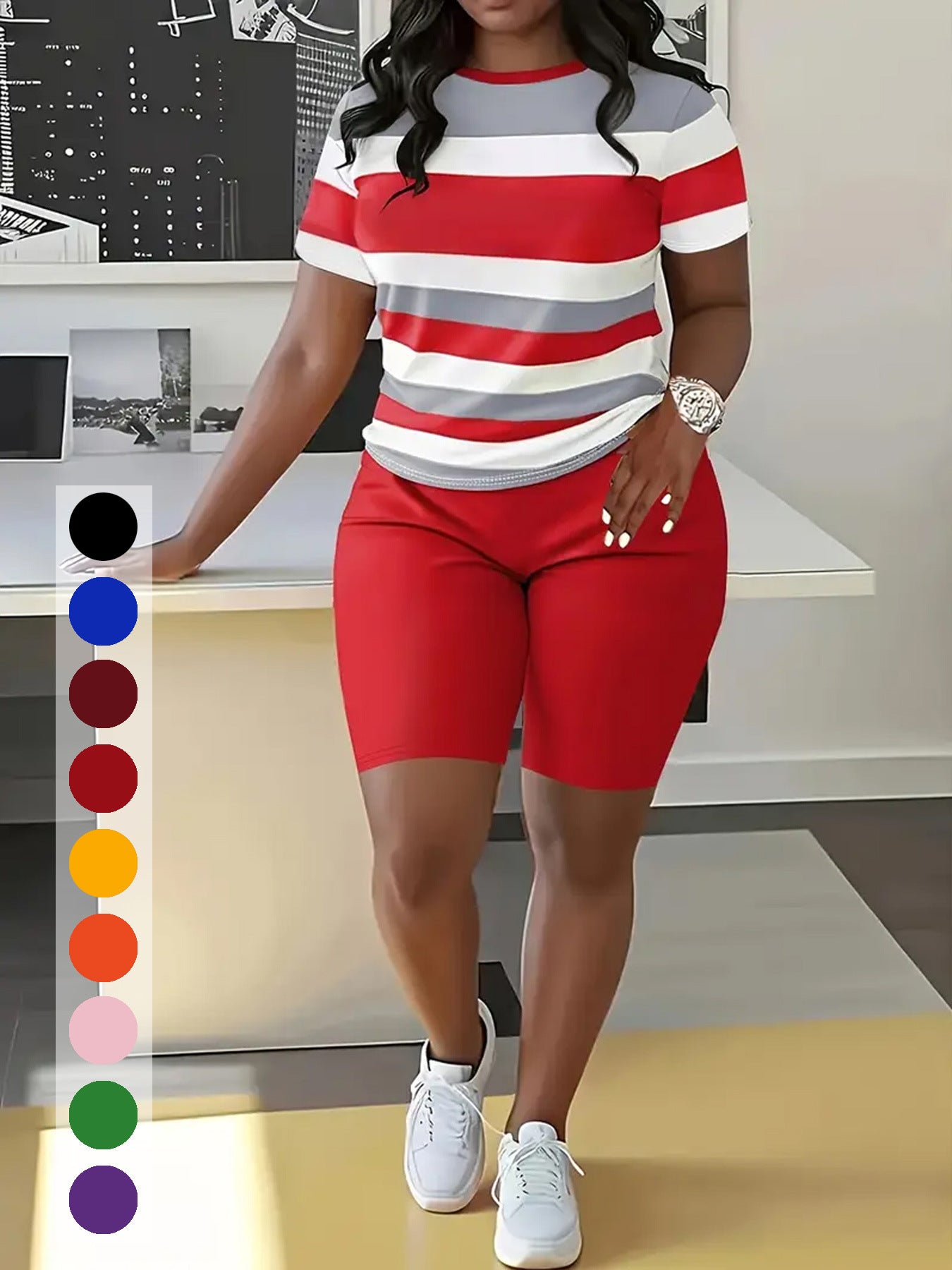 Women's Striped Print Short-Sleeve Sporty Two-Piece Shorts Set 9