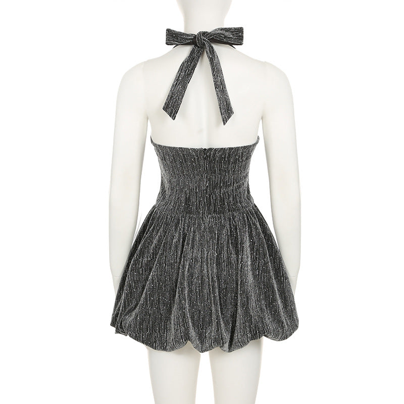 Fashion Dinner Style Shiny Halter Neck Strapless Slim Waist A-Line Bubble Party Short Dress 6