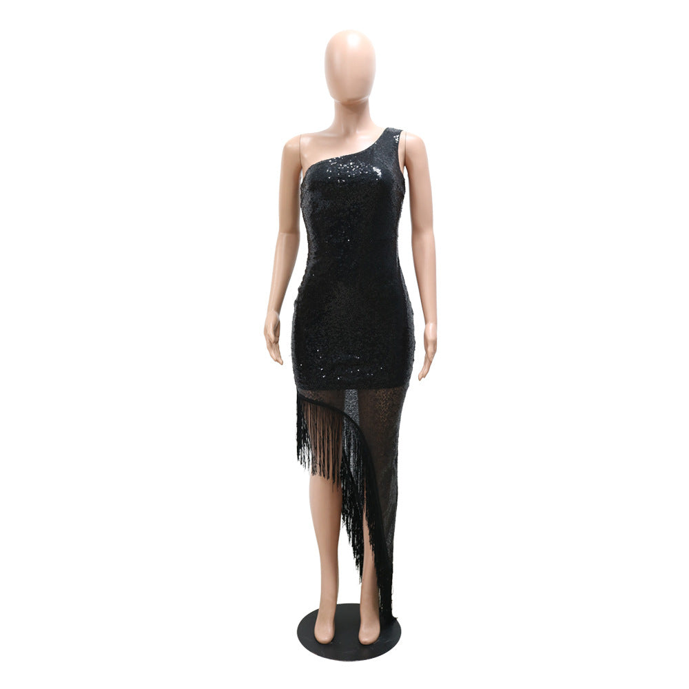 Women Sequined Side Slit Fringe Dress 9