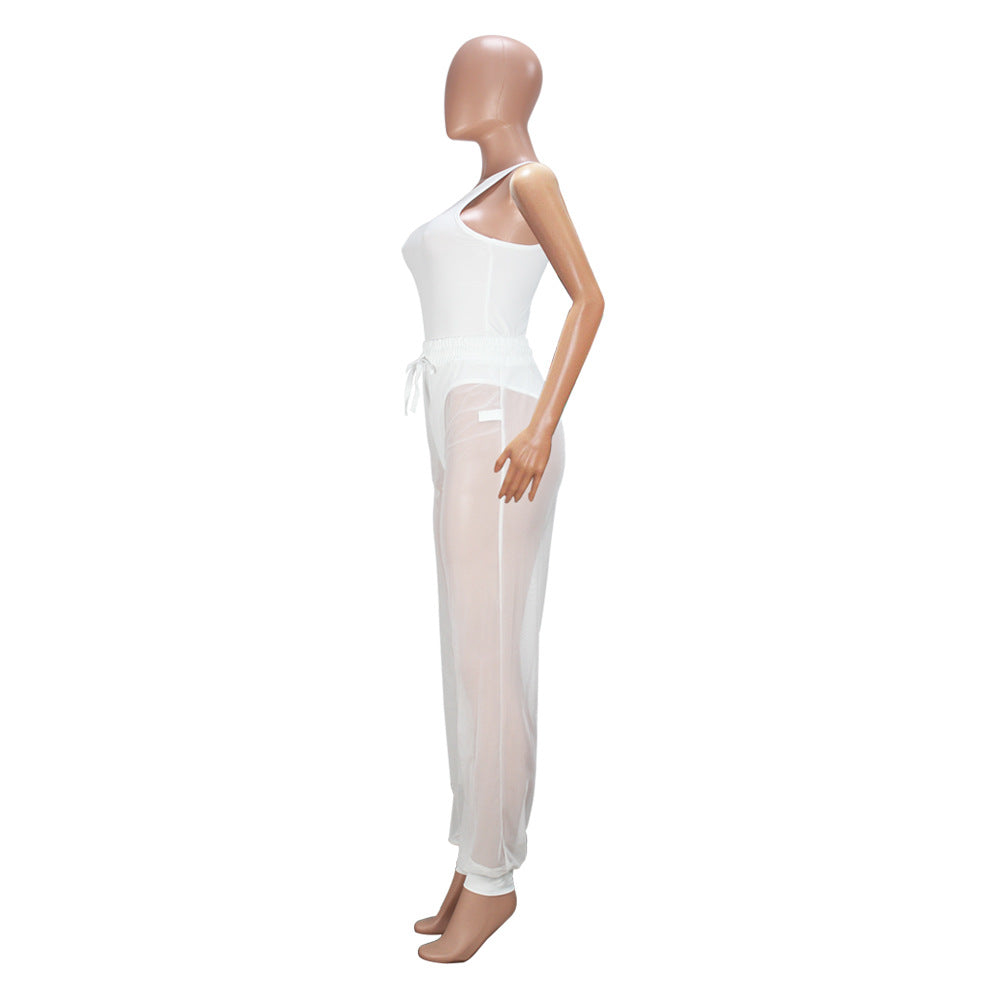 Women Sleeveless Sexy Cutout Pants Mesh Two-Piece Set 11