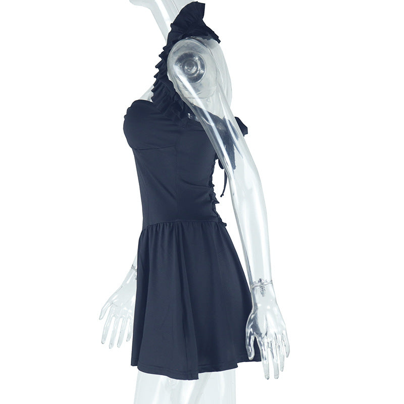 Women's Fashion Solid Color Sexy Deep V-Neck Halter A-Line Dress 9