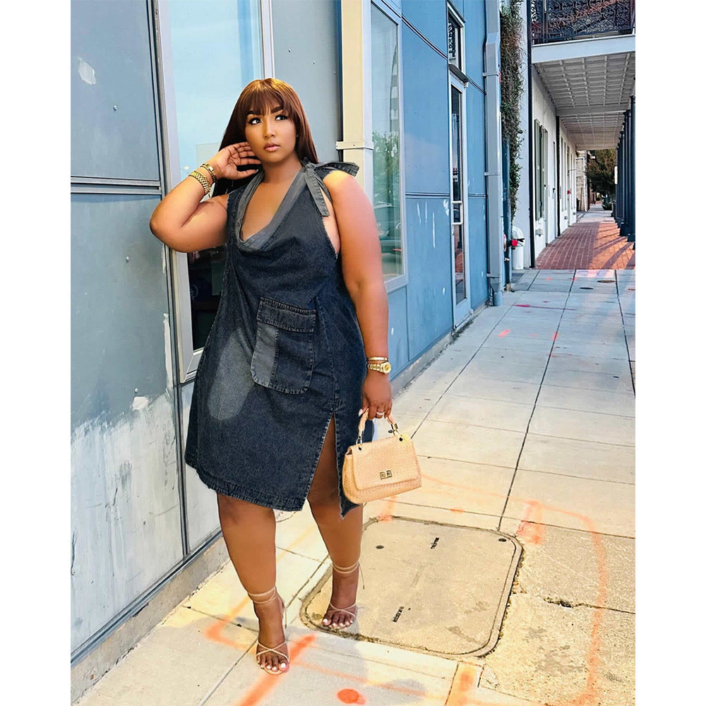 Women Pocket Slit Denim Skirt 3