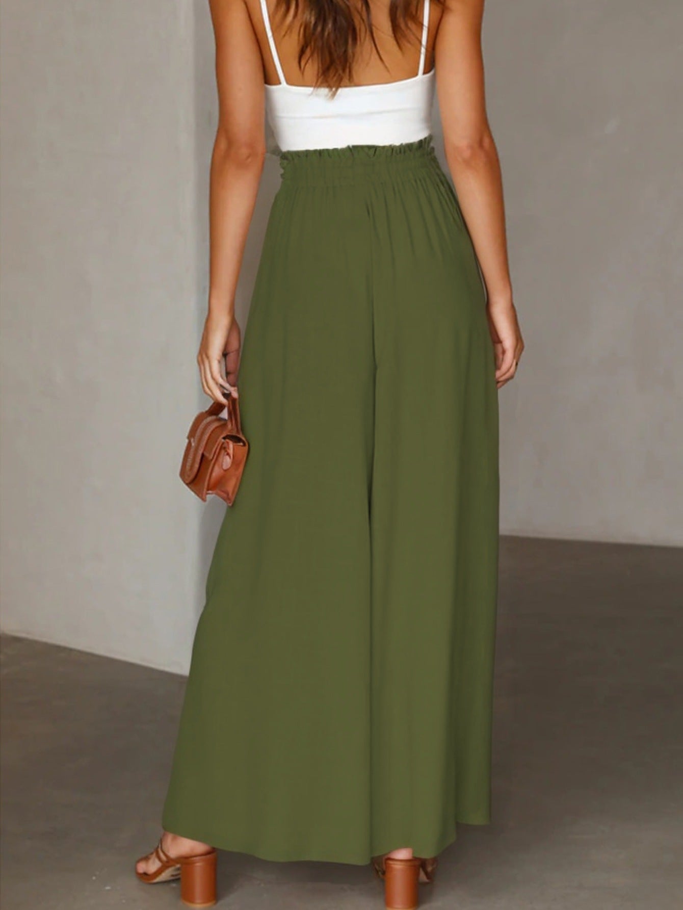 Women Solid Drawstring Loose Casual Wide-leg Pants 3