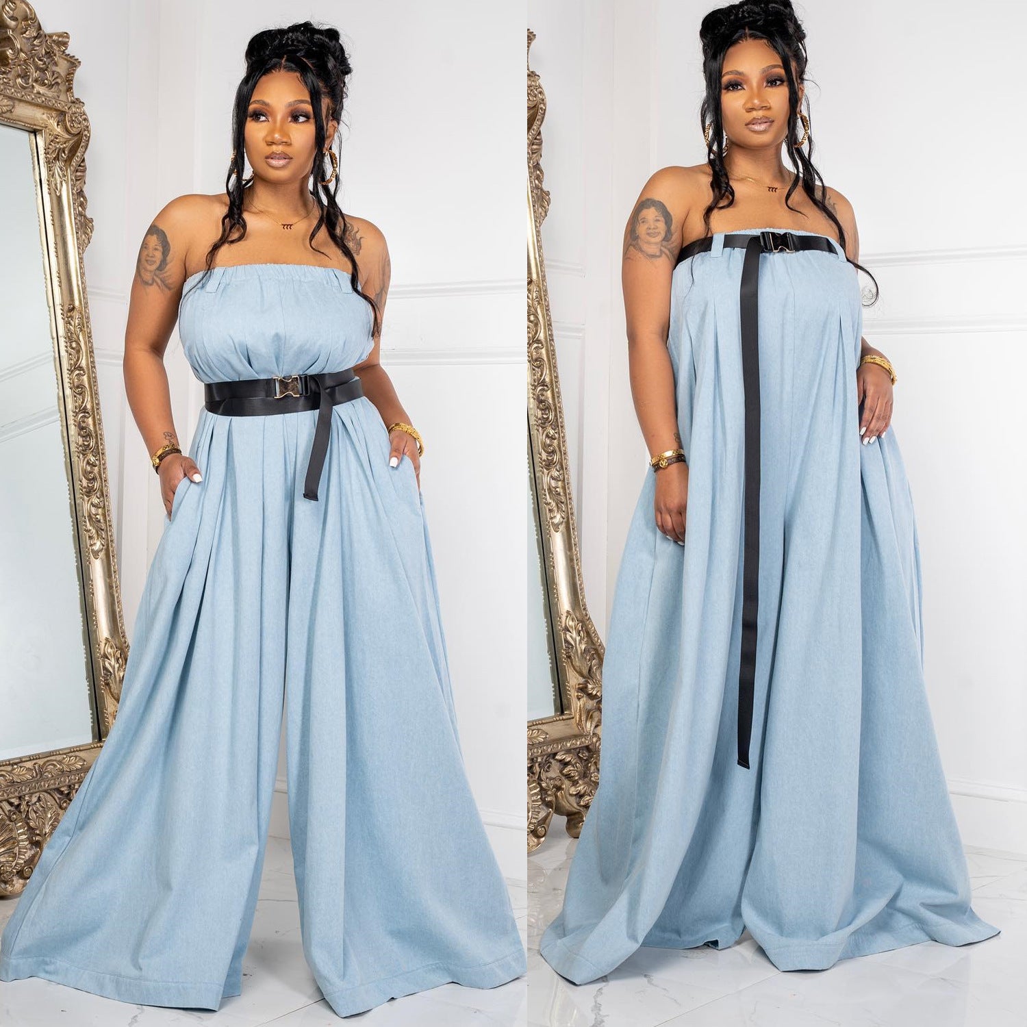 Fashion Long Strapless Wide Leg Pants Summer Jumpsuit With Belt