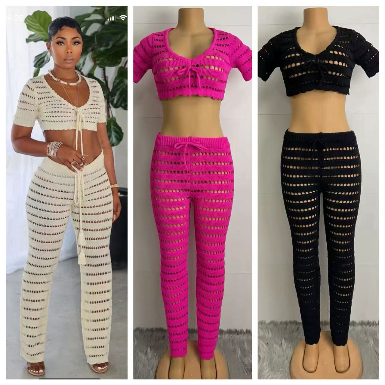 Women summer round neck casual sleeveless knitting top and pant two-piece set 5