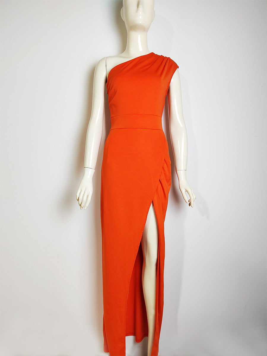 Women 's One Shoulder High Waist Front Slit Chic Dress 31