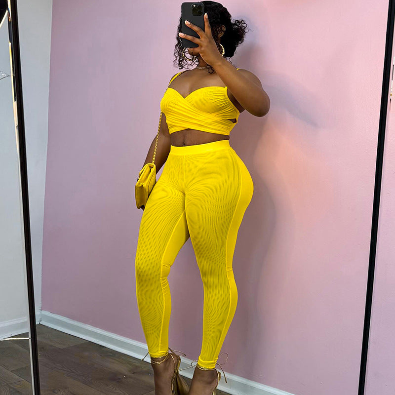 Women's Spring-Summer Hollow Pleated Crop Top Skinny Pants Set 3