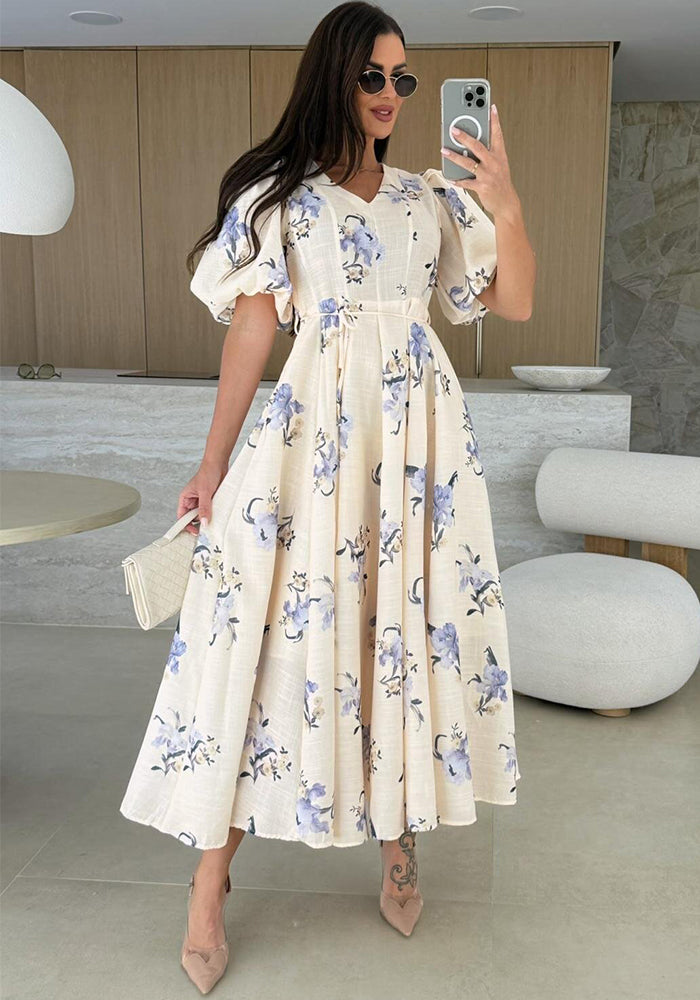 Women's Short-Sleeve Floral Print Belt Casual A-line Dress