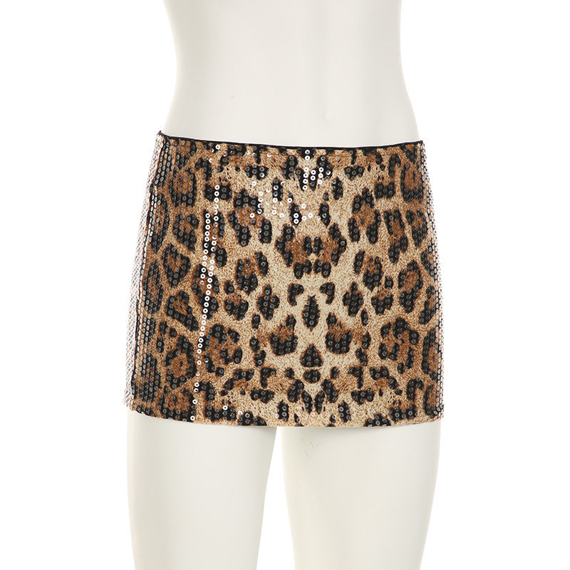 Street Fashion Leopard Print Sequin Bodycon Two-Piece Skirt Set 7