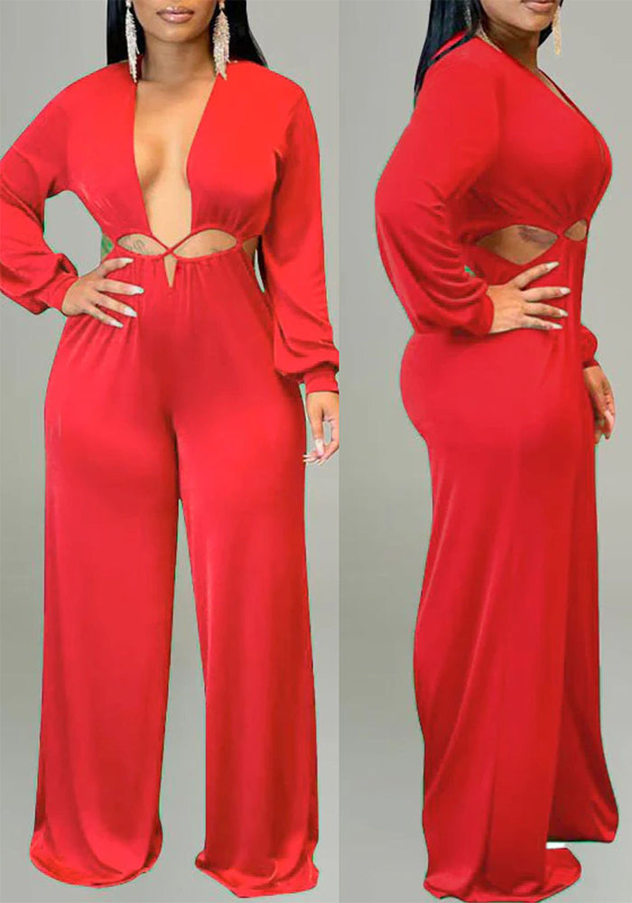 Feminine Solid Color Women's Long Sleeve Jumpsuit