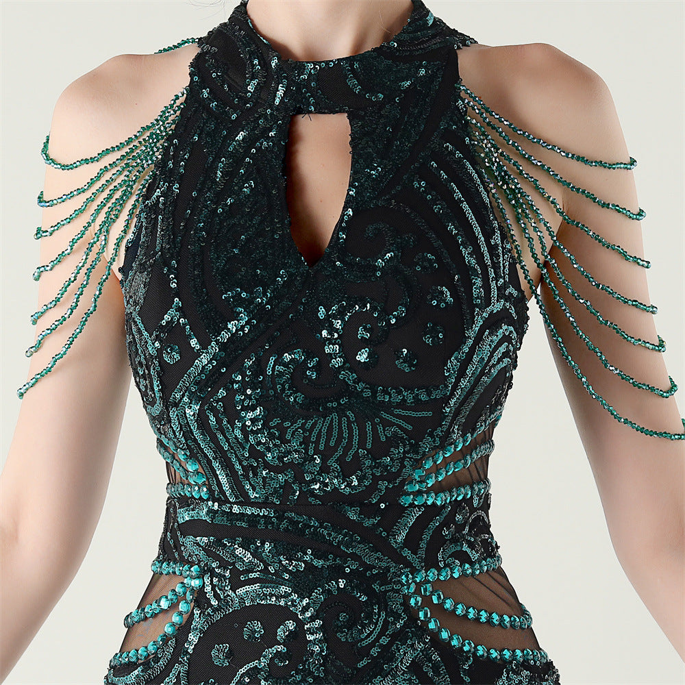 Women beaded chain shoulder sequin halter neck formal party evening dress 13