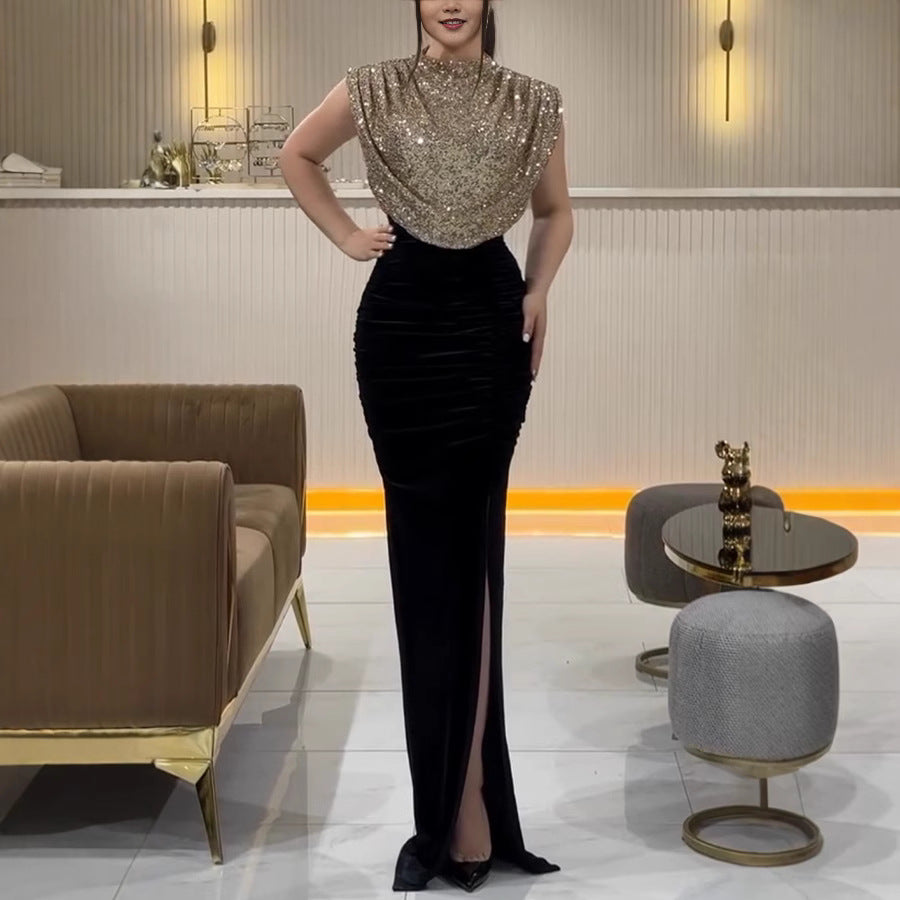 Women sequin patchwork sleeveless slit dress 8