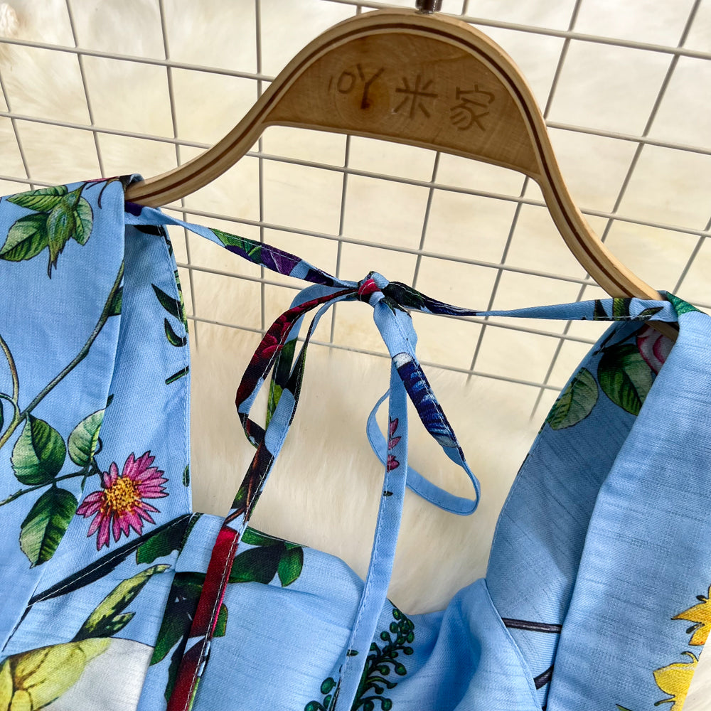 Retro Straps Fashionable Printed Slim Waist A-Line Dress Beach Holidays Long Dress 24