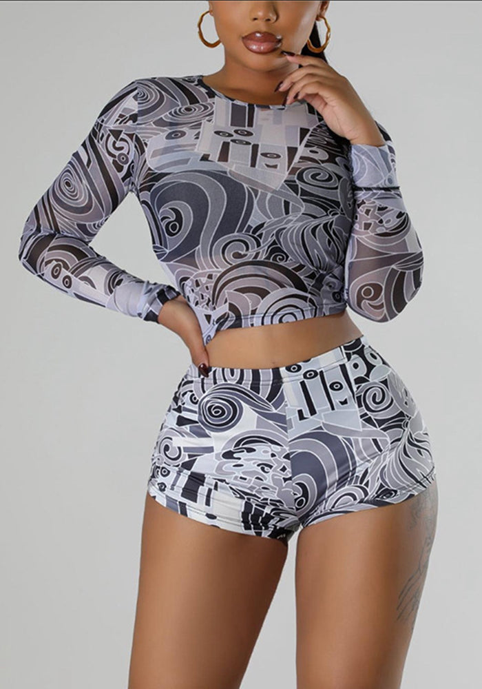 Women Sexy Mesh Print Long-Sleeved Top and Shorts Two-Piece Set