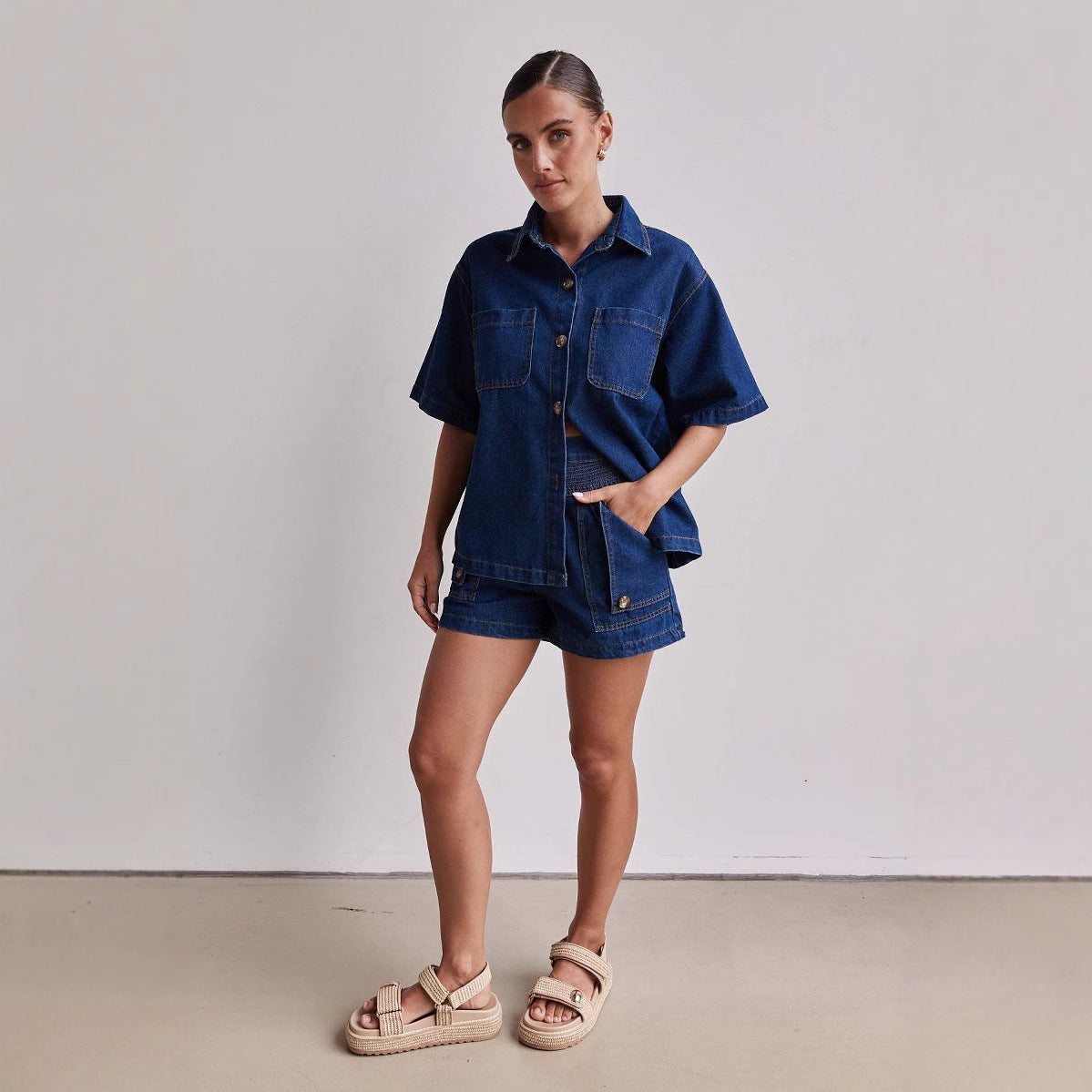 Summer Women's Casual Loose Denim Shirt Shorts Set