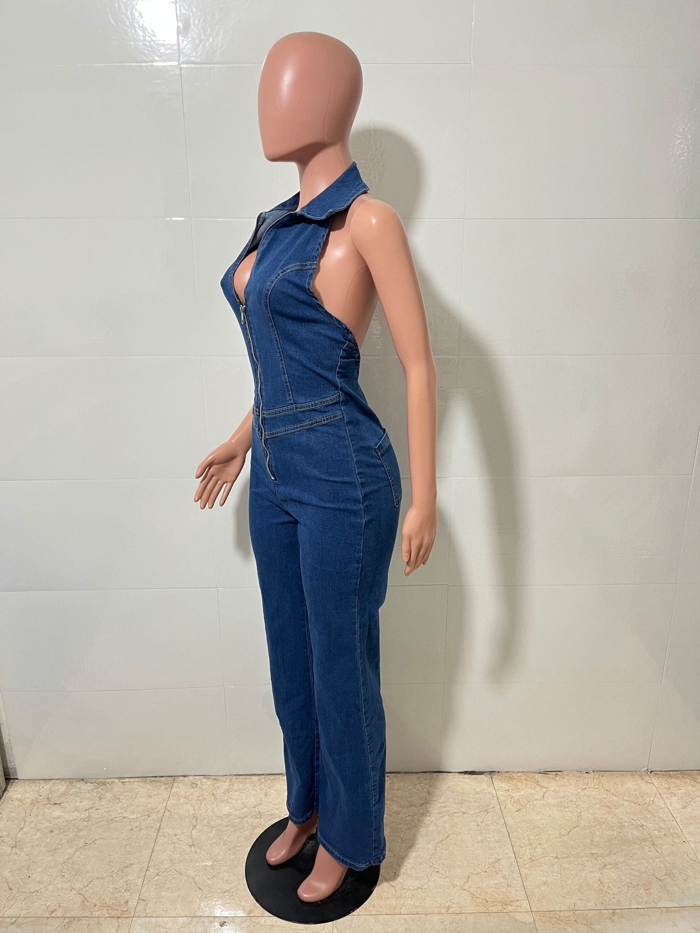 Women's Spring Sleeveless Fashion Halter Low Back Denim Jumpsuit 7