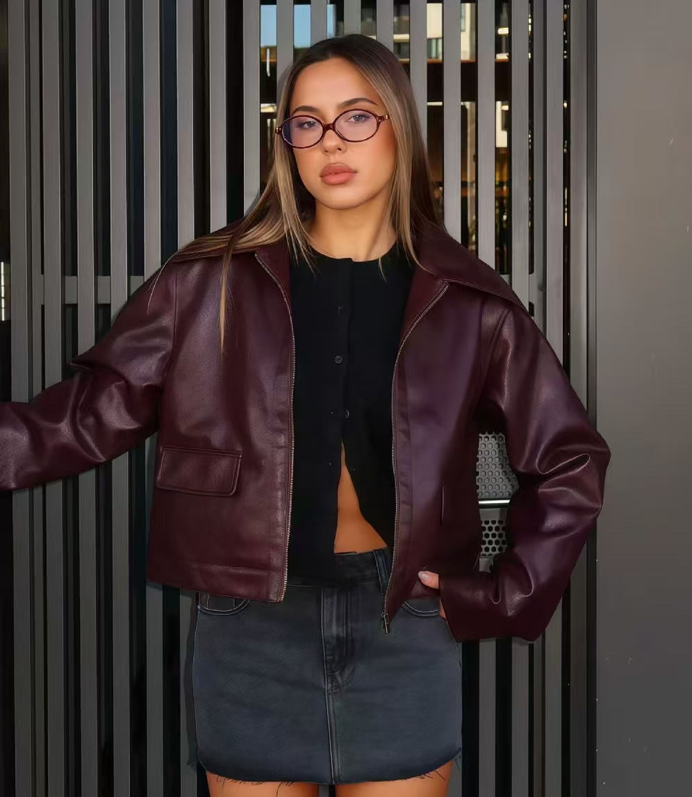 Women Pu-Leather Casual Zippered Jacket 4