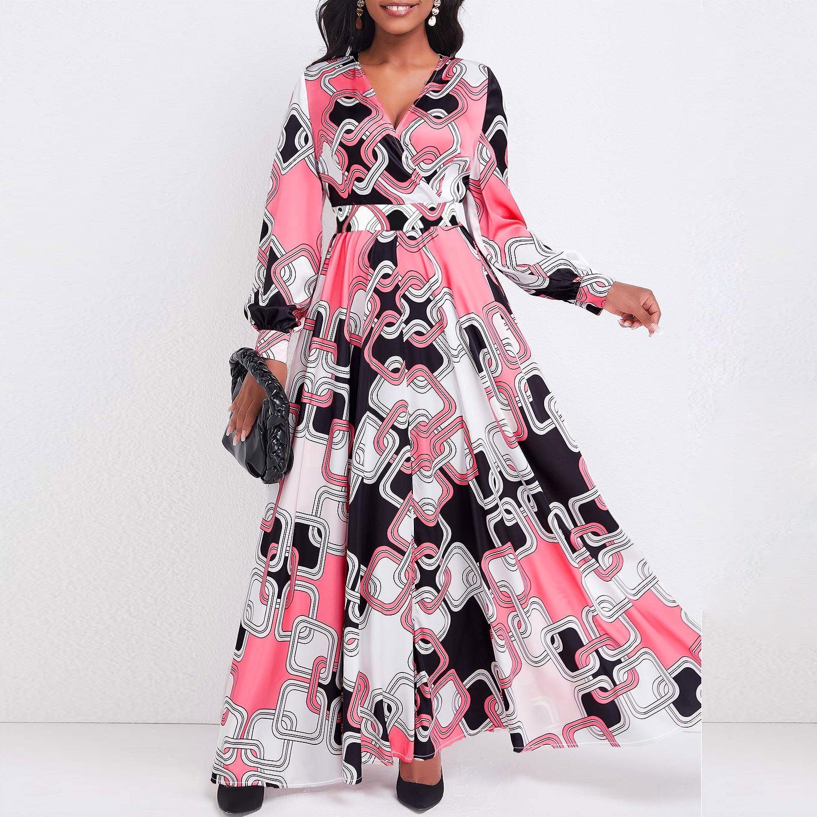 Women elegant printed v-neck beltless dress