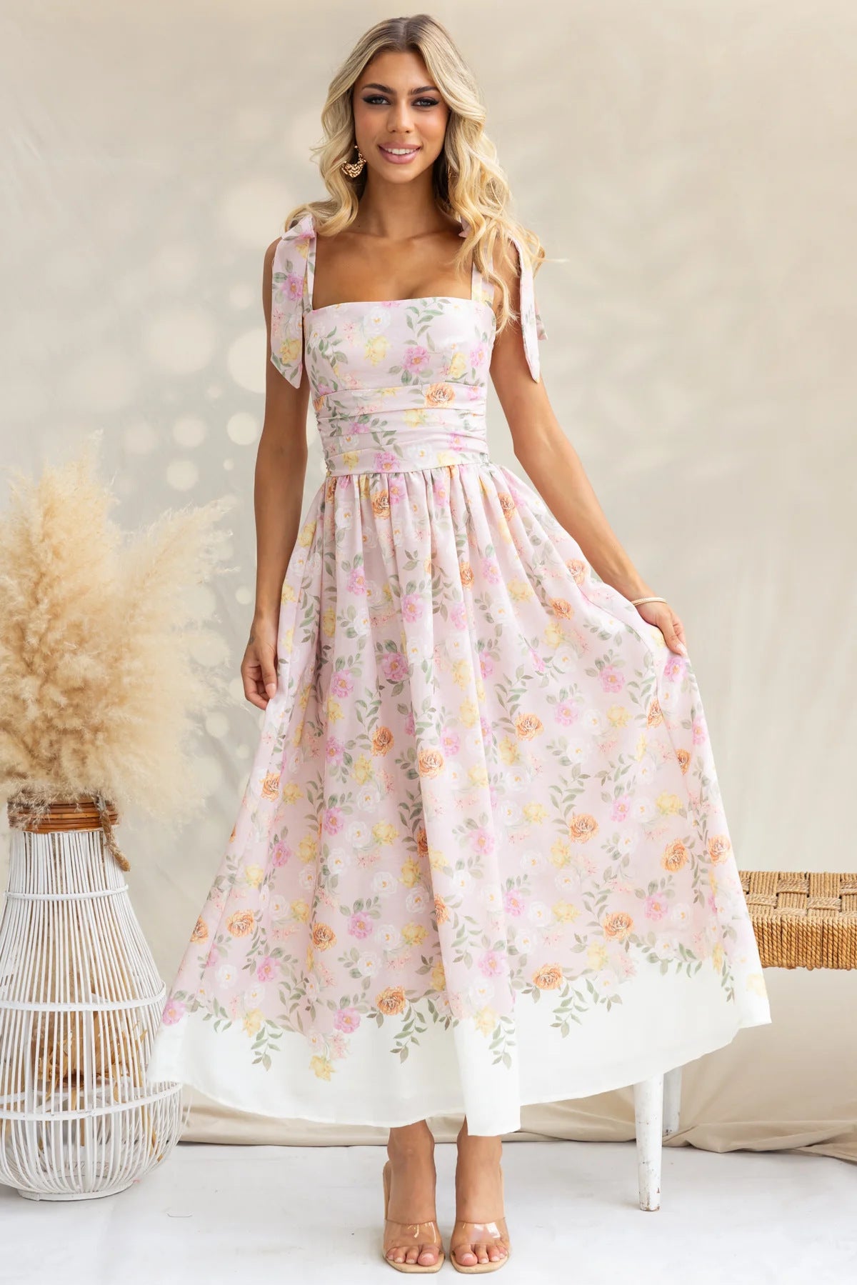 Floral Slim Waist Strap Dress Summer Holiday Long Gown 3