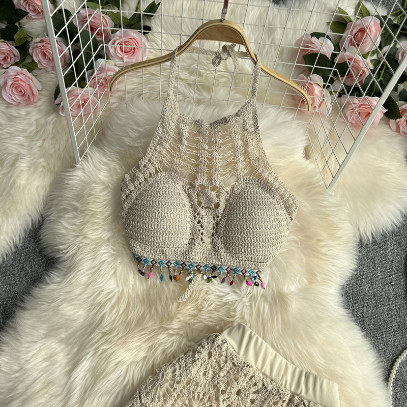 Sexy suspenders Halter Neck vest women's summer suit high waist hollow trousers two-piece set 5